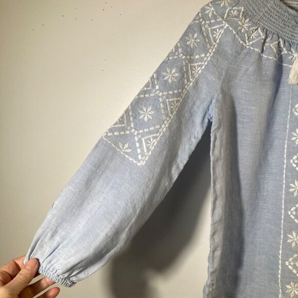Womens Joie Boho Embroidered Linen Tunic Light Blue XS V Tie Neck Long Sleeve - Picture 5 of 10